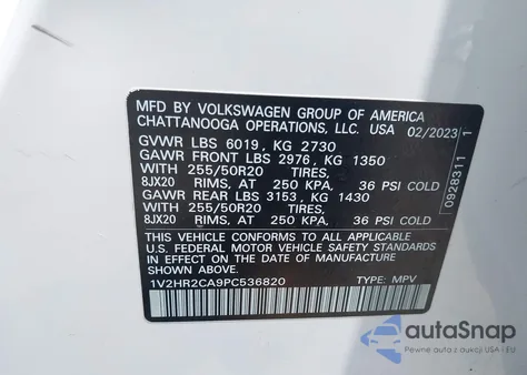 2023 Volkswagen Atlas 3.6L V6 Se W/Technology from USA, damaged, VIN 1V2HR2CA9PC536820